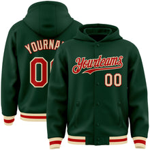 Load image into Gallery viewer, Custom Green Red-Cream Bomber Full-Snap Varsity Letterman Hoodie Jacket