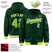 Load image into Gallery viewer, Custom Green Neon Green-White Bomber Full-Snap Varsity Letterman Hoodie Jacket