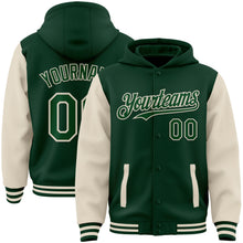 Load image into Gallery viewer, Custom Green Cream Bomber Full-Snap Varsity Letterman Two Tone Hoodie Jacket