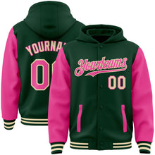 Load image into Gallery viewer, Custom Green Pink-Cream Bomber Full-Snap Varsity Letterman Two Tone Hoodie Jacket