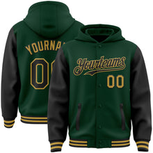 Load image into Gallery viewer, Custom Green Black-Old Gold Bomber Full-Snap Varsity Letterman Two Tone Hoodie Jacket