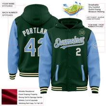 Load image into Gallery viewer, Custom Green Light Blue-Cream Bomber Full-Snap Varsity Letterman Two Tone Hoodie Jacket