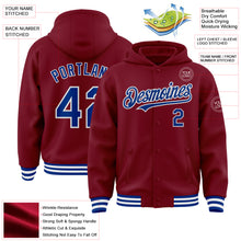 Load image into Gallery viewer, Custom Crimson Royal-White Bomber Full-Snap Varsity Letterman Hoodie Jacket