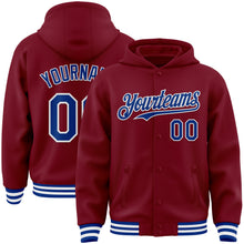 Load image into Gallery viewer, Custom Crimson Royal-White Bomber Full-Snap Varsity Letterman Hoodie Jacket
