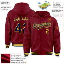 Load image into Gallery viewer, Custom Crimson Navy-Gold Bomber Full-Snap Varsity Letterman Hoodie Jacket