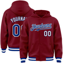 Load image into Gallery viewer, Custom Crimson Royal-White Bomber Full-Snap Varsity Letterman Hoodie Jacket