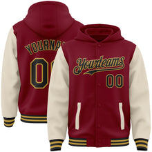 Load image into Gallery viewer, Custom Crimson Black Cream-Old Gold Bomber Full-Snap Varsity Letterman Two Tone Hoodie Jacket