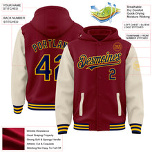 Load image into Gallery viewer, Custom Crimson Navy Cream-Gold Bomber Full-Snap Varsity Letterman Two Tone Hoodie Jacket