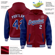 Load image into Gallery viewer, Custom Crimson Royal-White Bomber Full-Snap Varsity Letterman Two Tone Hoodie Jacket