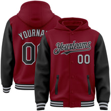 Load image into Gallery viewer, Custom Crimson Black-Gray Bomber Full-Snap Varsity Letterman Two Tone Hoodie Jacket
