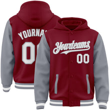 Load image into Gallery viewer, Custom Crimson White-Gray Bomber Full-Snap Varsity Letterman Two Tone Hoodie Jacket