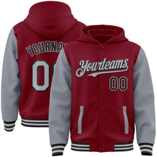 Load image into Gallery viewer, Custom Crimson Gray-Black Bomber Full-Snap Varsity Letterman Two Tone Hoodie Jacket