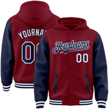 Load image into Gallery viewer, Custom Crimson Navy-White Bomber Full-Snap Varsity Letterman Two Tone Hoodie Jacket