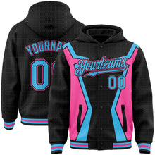 Load image into Gallery viewer, Custom Black Sky Blue-Pink Arrow 3D Pattern Design Bomber Full-Snap Varsity Letterman Hoodie Jacket