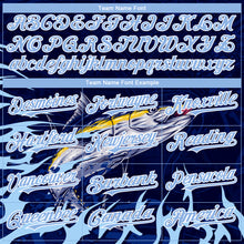 Load image into Gallery viewer, Custom Navy Light Blue-White Tuna Fish Fishing 3D Bomber Full-Snap Varsity Letterman Hoodie Jacket