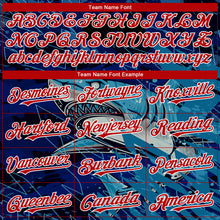 Load image into Gallery viewer, Custom Royal Red-White Marlin Fish Fishing 3D Bomber Full-Snap Varsity Letterman Hoodie Jacket