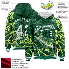 Load image into Gallery viewer, Custom Kelly Green White Largemouth Bass Fish Fishing 3D Bomber Full-Snap Varsity Letterman Hoodie Jacket