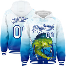 Load image into Gallery viewer, Custom Lakes Blue White-Royal Mahimah Fish Fishing 3D Bomber Full-Snap Varsity Letterman Hoodie Jacket