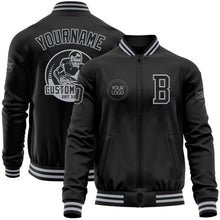 Load image into Gallery viewer, Custom Black Gray Bomber Varsity Letterman Zipper Jacket