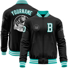 Load image into Gallery viewer, Custom Black White-Aqua Bomber Varsity Letterman Zipper Jacket