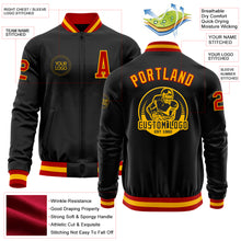 Load image into Gallery viewer, Custom Black Red-Gold Bomber Varsity Letterman Zipper Jacket