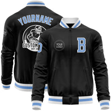 Load image into Gallery viewer, Custom Black Light Blue-White Bomber Varsity Letterman Zipper Jacket