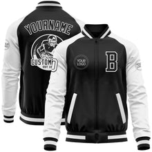 Load image into Gallery viewer, Custom Black White Bomber Varsity Letterman Two Tone Zipper Jacket