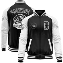 Load image into Gallery viewer, Custom Black White Bomber Varsity Letterman Two Tone Zipper Jacket