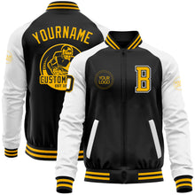 Load image into Gallery viewer, Custom Black Gold-White Bomber Varsity Letterman Two Tone Zipper Jacket