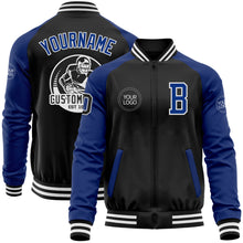 Load image into Gallery viewer, Custom Black Royal-White Bomber Varsity Letterman Two Tone Zipper Jacket