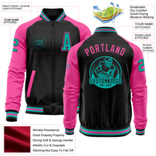 Load image into Gallery viewer, Custom Black Aqua-Pink Bomber Varsity Letterman Two Tone Zipper Jacket