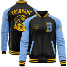 Load image into Gallery viewer, Custom Black Gold-Light Blue Bomber Varsity Letterman Two Tone Zipper Jacket
