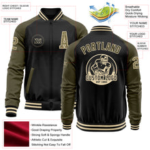 Load image into Gallery viewer, Custom Black Camo Olive-Cream Bomber Varsity Letterman Two Tone Zipper Jacket