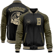 Load image into Gallery viewer, Custom Black Camo Olive-Cream Bomber Varsity Letterman Two Tone Zipper Jacket