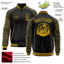 Load image into Gallery viewer, Custom Black Olive-Gold Bomber Varsity Letterman Two Tone Zipper Jacket