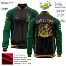 Load image into Gallery viewer, Custom Black Old Gold-Kelly Green Bomber Varsity Letterman Two Tone Zipper Jacket