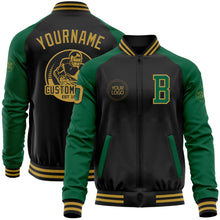 Load image into Gallery viewer, Custom Black Old Gold-Kelly Green Bomber Varsity Letterman Two Tone Zipper Jacket