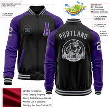 Load image into Gallery viewer, Custom Black Gray-Purple Bomber Varsity Letterman Two Tone Zipper Jacket