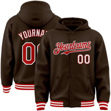 Load image into Gallery viewer, Custom Brown Red-White Bomber Full-Snap Varsity Letterman Hoodie Jacket