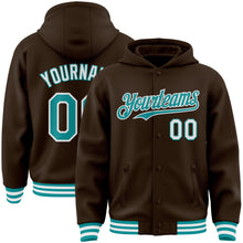 Load image into Gallery viewer, Custom Brown Teal-White Bomber Full-Snap Varsity Letterman Hoodie Jacket