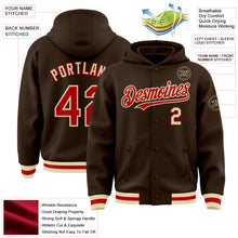 Load image into Gallery viewer, Custom Brown Red-Cream Bomber Full-Snap Varsity Letterman Hoodie Jacket