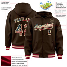 Load image into Gallery viewer, Custom Brown Vintage USA Flag Cream-Maroon Bomber Full-Snap Varsity Letterman Hoodie Jacket