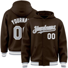 Load image into Gallery viewer, Custom Brown Gray-White Bomber Full-Snap Varsity Letterman Hoodie Jacket