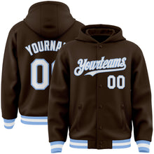 Load image into Gallery viewer, Custom Brown White-Light Blue Bomber Full-Snap Varsity Letterman Hoodie Jacket