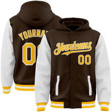 Load image into Gallery viewer, Custom Brown Gold-White Bomber Full-Snap Varsity Letterman Two Tone Hoodie Jacket