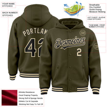 Load image into Gallery viewer, Custom Olive Black-Cream Bomber Full-Snap Varsity Letterman Salute To Service Hoodie Jacket