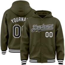 Load image into Gallery viewer, Custom Olive Black-White Bomber Full-Snap Varsity Letterman Salute To Service Hoodie Jacket