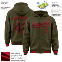 Load image into Gallery viewer, Custom Olive Black-Red Bomber Full-Snap Varsity Letterman Salute To Service Hoodie Jacket