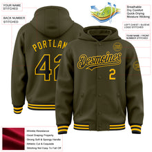 Load image into Gallery viewer, Custom Olive Black-Gold Bomber Full-Snap Varsity Letterman Salute To Service Hoodie Jacket
