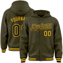 Load image into Gallery viewer, Custom Olive Black-Gold Bomber Full-Snap Varsity Letterman Salute To Service Hoodie Jacket
